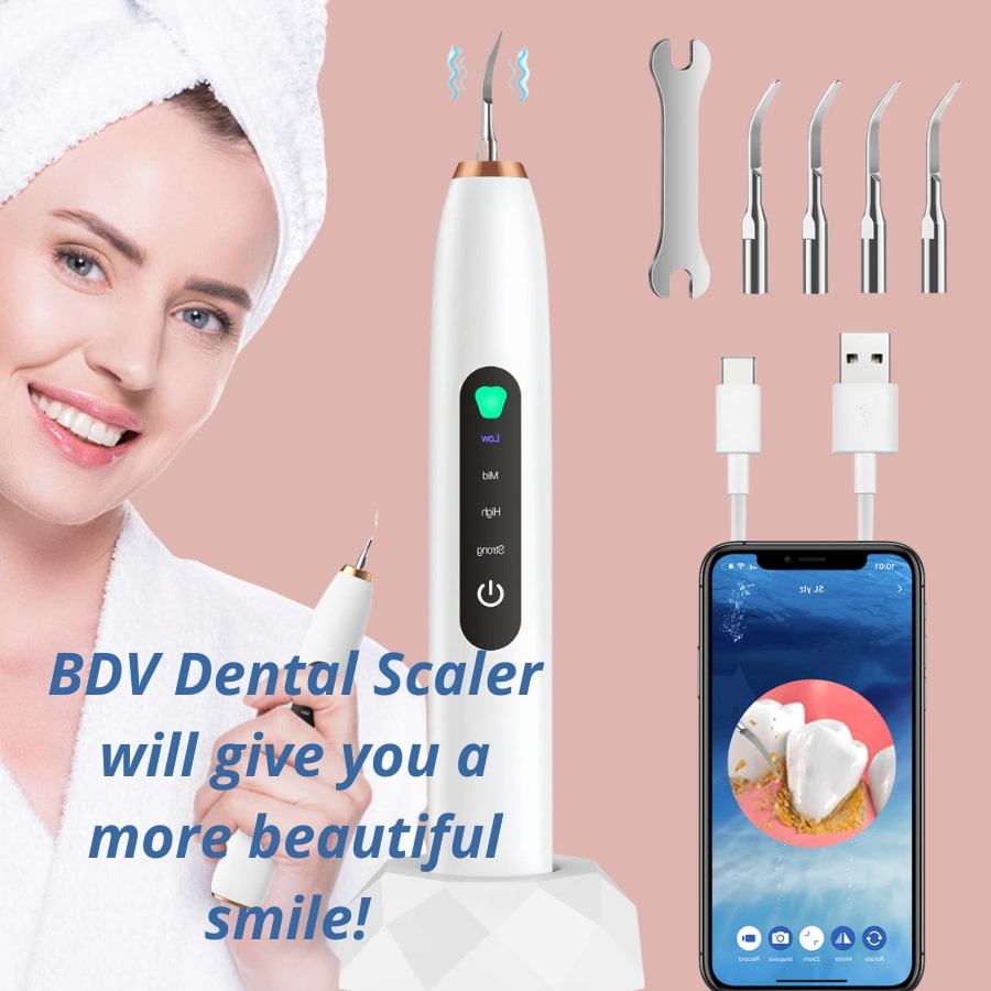 BDV Dental Scaler with wireless display, HD endoscope, 6 LED charging base and shadowless light - for effective removal of tartar, plaque, stains, smoke and food odors